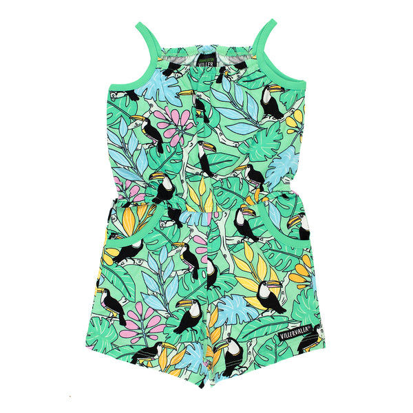 Villervalla Tropical Jungle Toucan Jumpsuit -Cactus Green- Kids organic jumpsuit