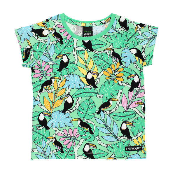 Villervalla Tropical Jungle Toucan T-shirt -Cactus Green- Kids organic t-shirt