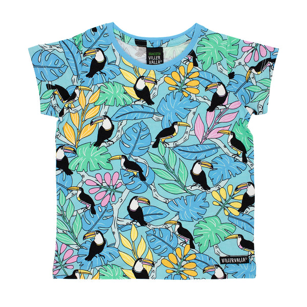 Villervalla Tropical Jungle Toucan T-shirt -Lake Blue- Kids organic t-shirt