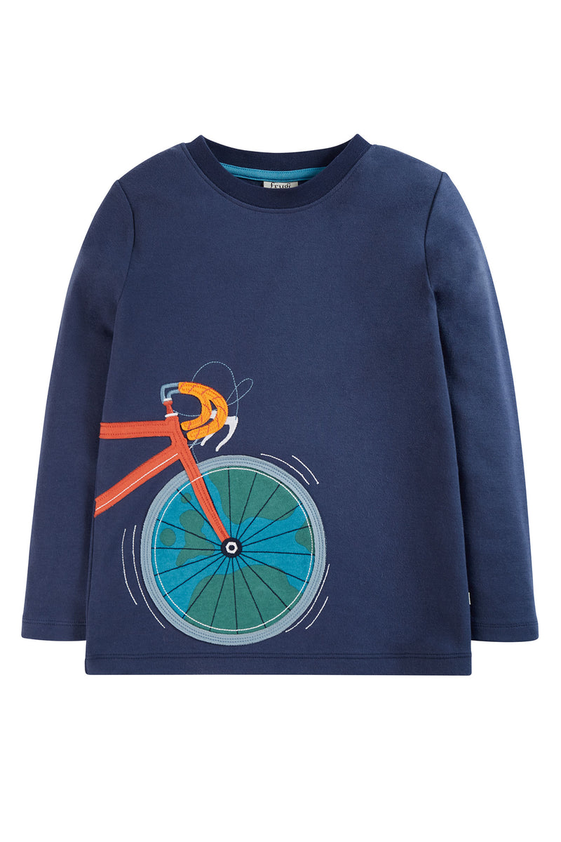 Frugi Quest Indigo Bike Applique Top- Organic Cotton-Children's Clothing (4-5/5-6)