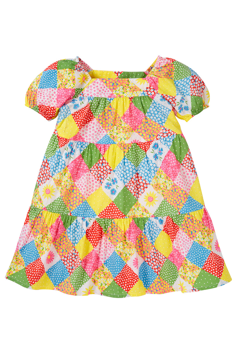 Frugi Shaya Tiered Dress, Patchwork Dress- Rainbow patchwork - Kid's Summer Clothing