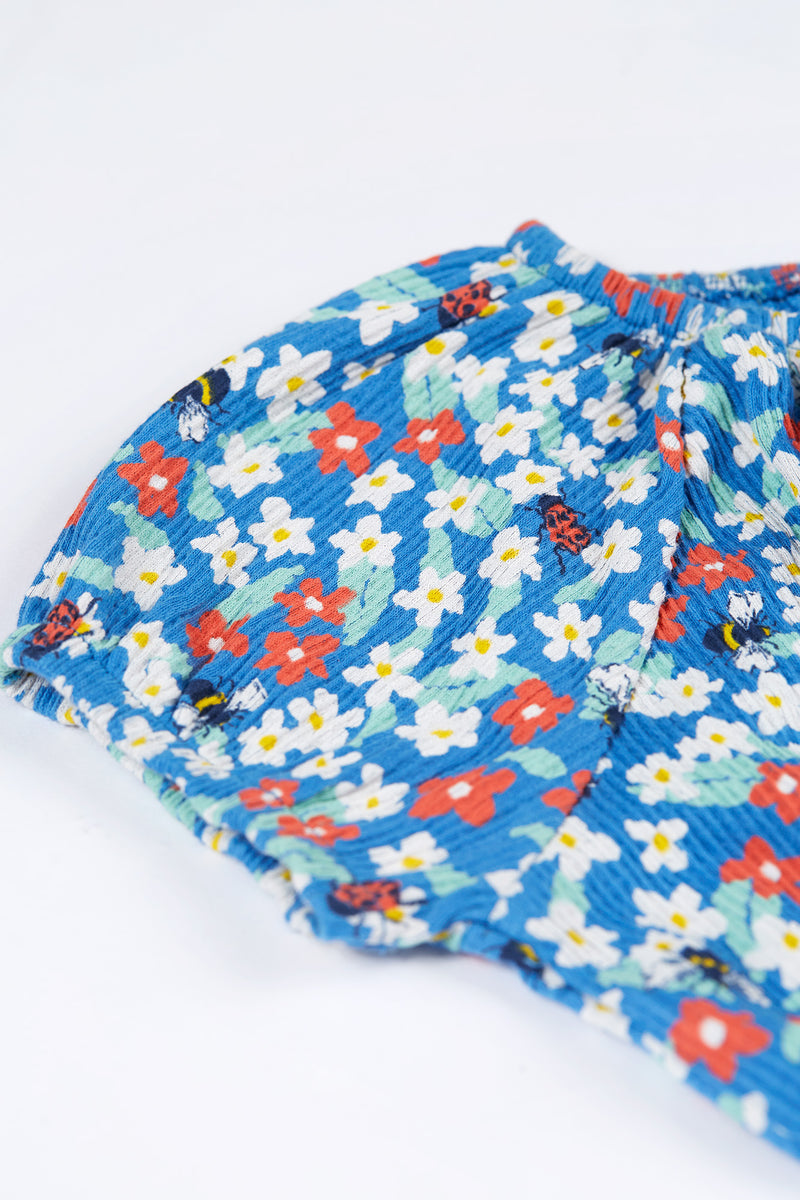Vienna Tiered Blue Dress- Blue Bees and Flowers- Frugi Organic Clothing - Kid's Summer Clothing