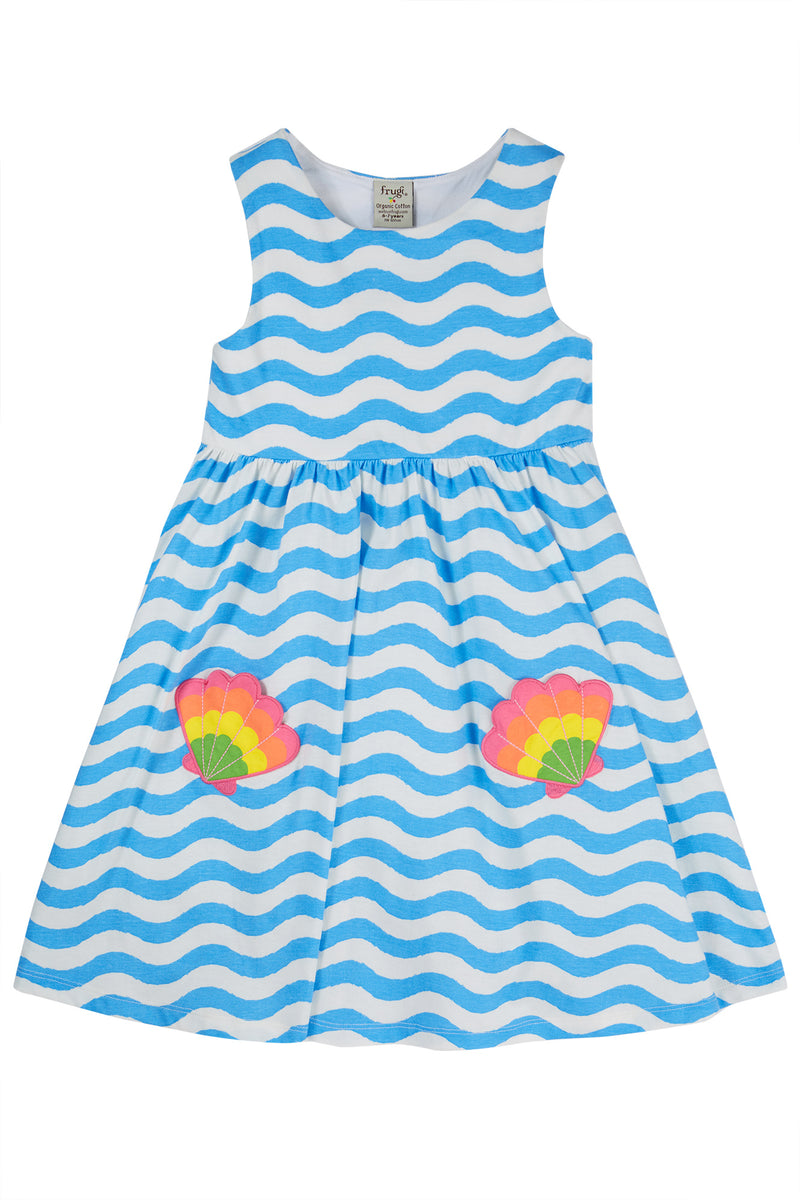 Samantha Summer Dress, Wave Stripe/Shell Dress- Blue Waves and shells - Kid's Summer Clothing
