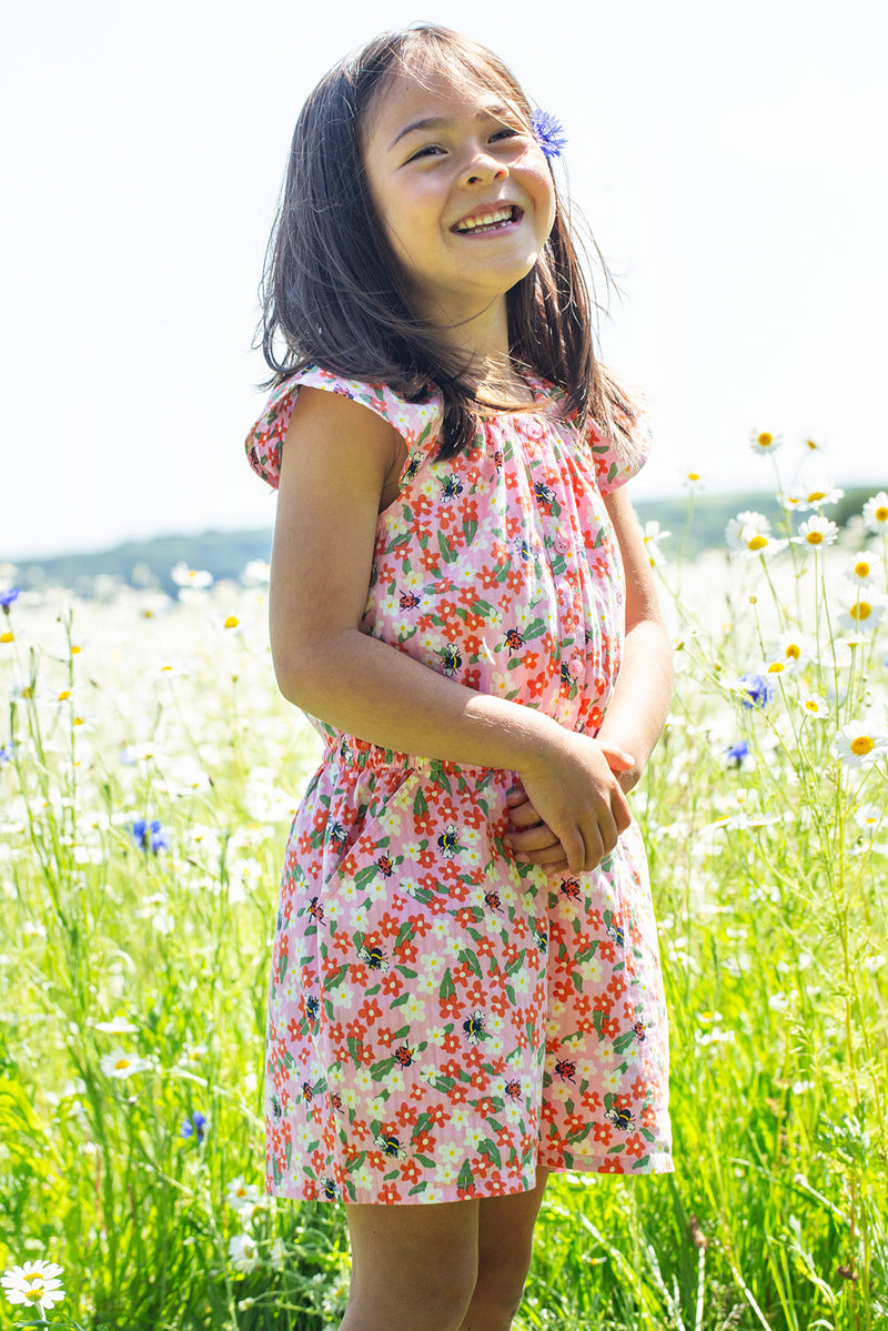 Nyla Playsuit Pink Flowers and Bees Frugi Organic Clothing - Kid's Summer Clothing