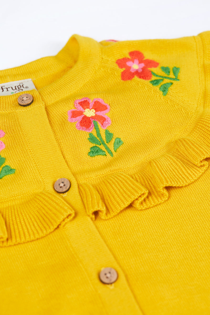Children's Frugi Frill Cardigan:  Yellow Romi Cardigan- Kid's Clothing