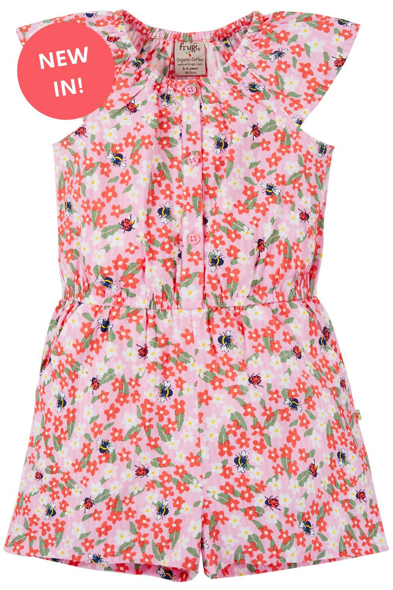 Nyla Playsuit Pink Flowers and Bees Frugi Organic Clothing - Kid's Summer Clothing