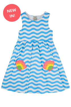 Samantha Summer Dress, Wave Stripe/Shell Dress- Blue Waves and shells - Kid's Summer Clothing