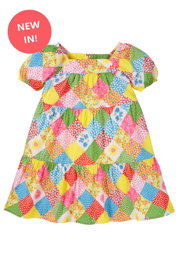 Frugi Shaya Tiered Dress, Patchwork Dress- Rainbow patchwork - Kid's Summer Clothing