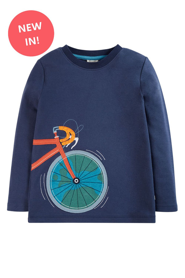 Frugi Quest Indigo Bike Applique Top- Organic Cotton-Children's Clothing (4-5/5-6)