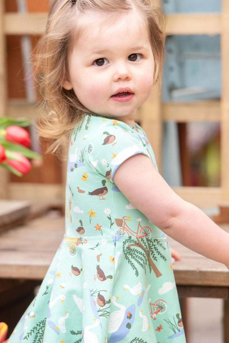 Frugi Spring Skater Dress Duck Pond- Organic- Ducks and Bicycles- Children's Clothing