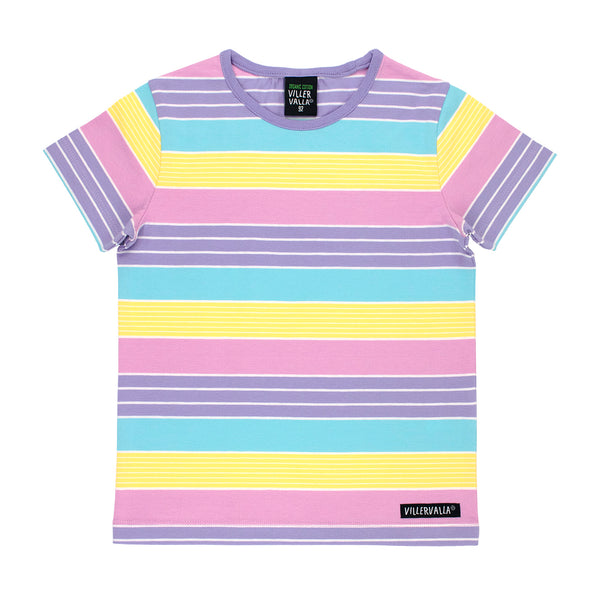 Villervalla T-shirt California Stripe- Pink Purple and Yellow - Kids organic short sleeved Top