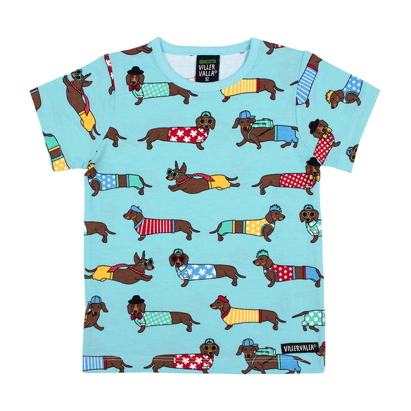 Villervalla T-shirt Dachshund Dog- Blue Pool - Kids organic short sleeved Top