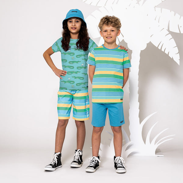Villervalla T-shirt Florida Stripe- Blue Green - Kids organic short sleeved Top