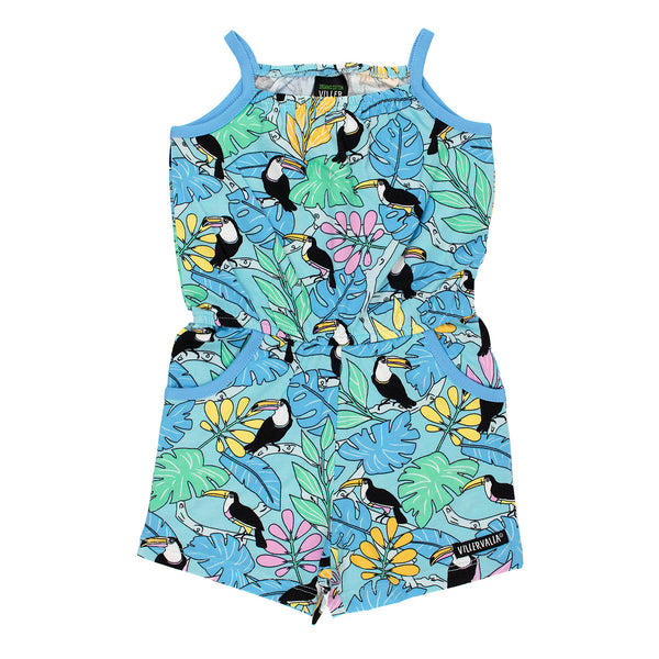 Villervalla Tropical Jungle Toucan Jumpsuit -Lake Blue - Kids organic jumpsuit