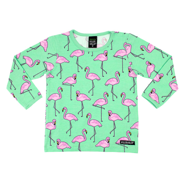 Villervalla Top Animal Flamingo- Green and pink - Kids organic Long sleeved Top
