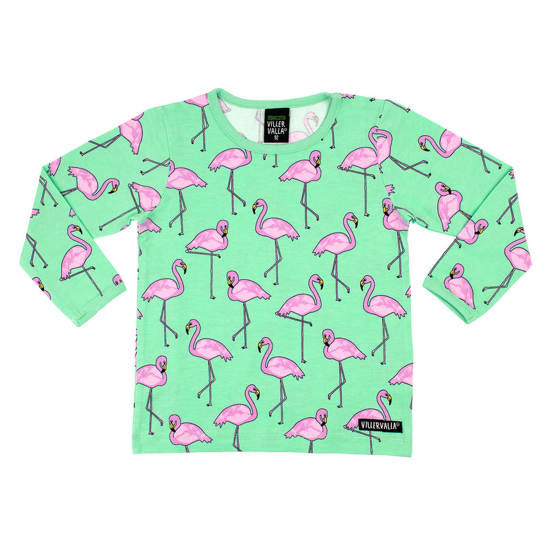 Villervalla Top Animal Flamingo- Green and pink - Kids organic Long sleeved Top