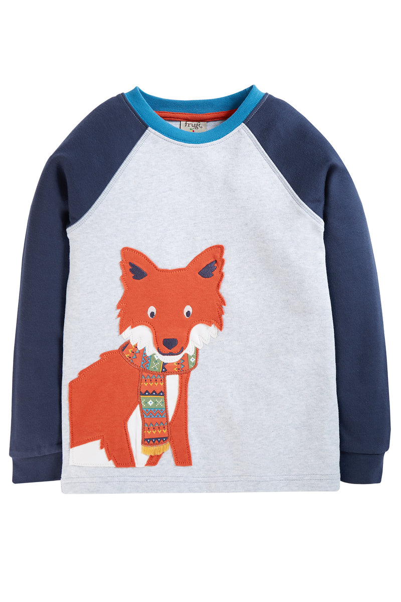 Frugi Jake Applique Top, Grey Marl/Fox- Organic Cotton-Children's Clothing