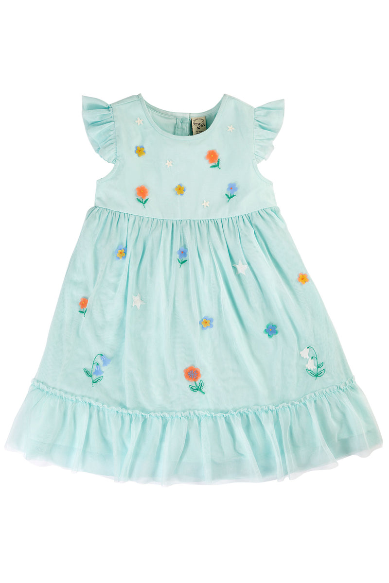 Children's beautiful Party / Wedding dress Frugi- Light Blue with embroidered flowers and stars