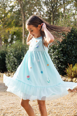 Children's beautiful Party / Wedding dress Frugi- Light Blue with embroidered flowers and stars