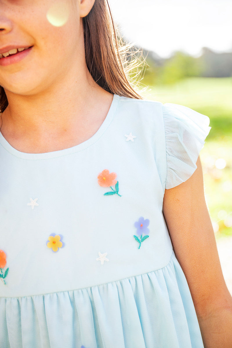 Children's beautiful Party / Wedding dress Frugi- Light Blue with embroidered flowers and stars