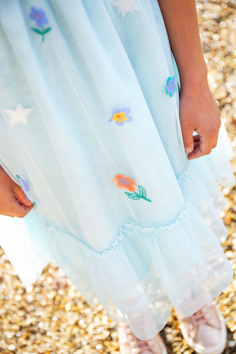 Children's beautiful Party / Wedding dress Frugi- Light Blue with embroidered flowers and stars