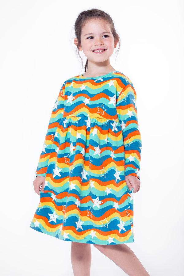 Children's Frugi Cosy Warm Dress: Wavy Rainbow Stars Frugi Dress