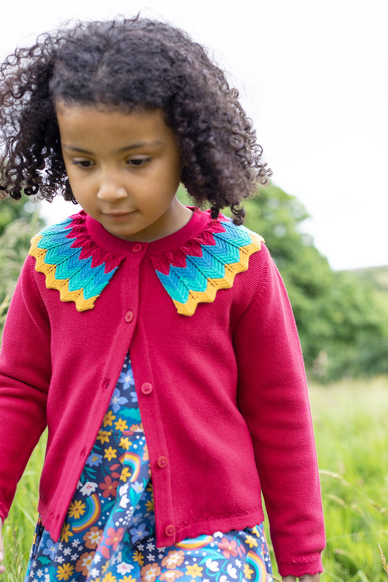 Children's Frugi Wrenly Collared Cardigan:  Cerise Pink Cardigan- Kid's Clothing