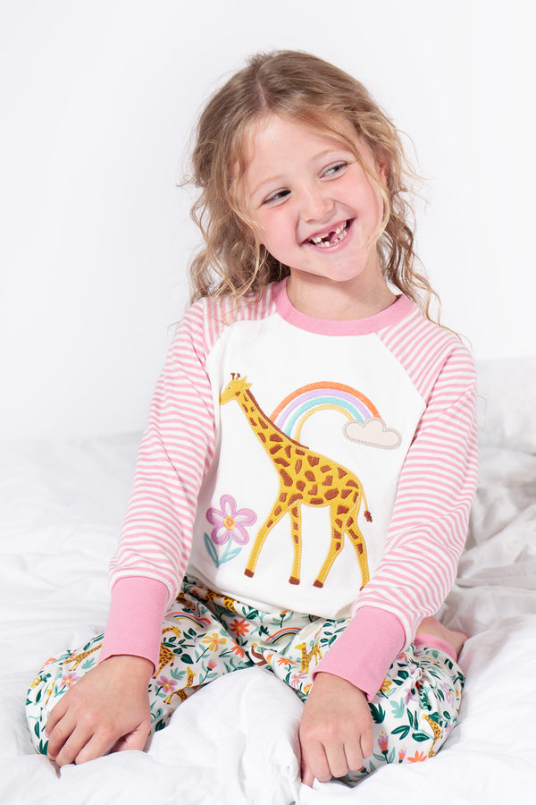 Children's Frugi Pyjamas:: Jamie Jim Jams White Giraffes/Cosmo Stripe, Organic Cotton Pyjama-Kid's Clothing