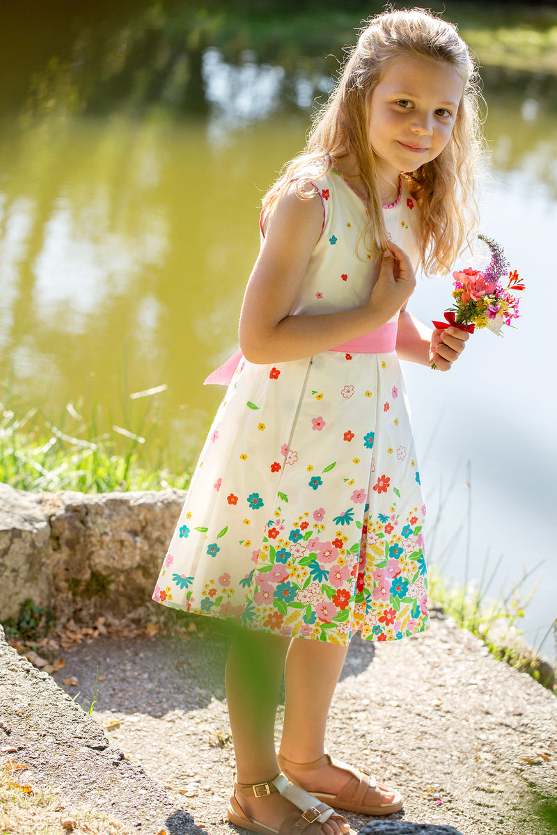 Frugi Party Saffy Woven Skater Dress Skater Dress  White- Organic- Flowers and bees- Children's Clothing