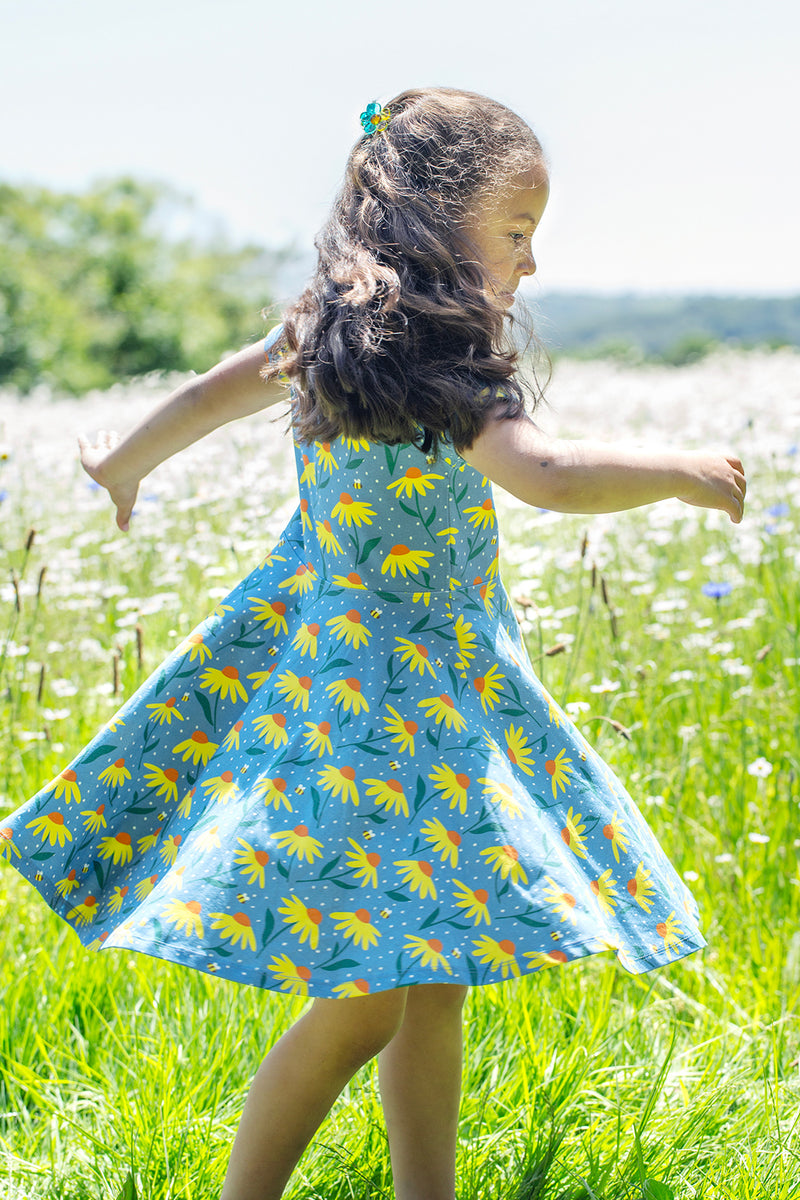 Children's Frugi Skater Dress: Echinacea, Blue with Flowers Organic Cotton Dress - Kid's Clothing