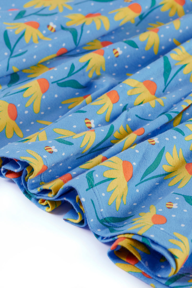 Children's Frugi Skater Dress: Echinacea, Blue with Flowers Organic Cotton Dress - Kid's Clothing