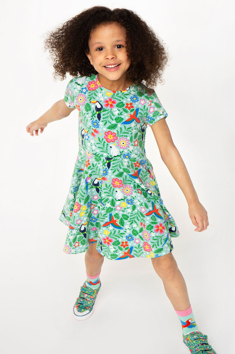 Children's Frugi Skater Dress: Tropical Parrots Organic Cotton Dress - Kid's Clothing