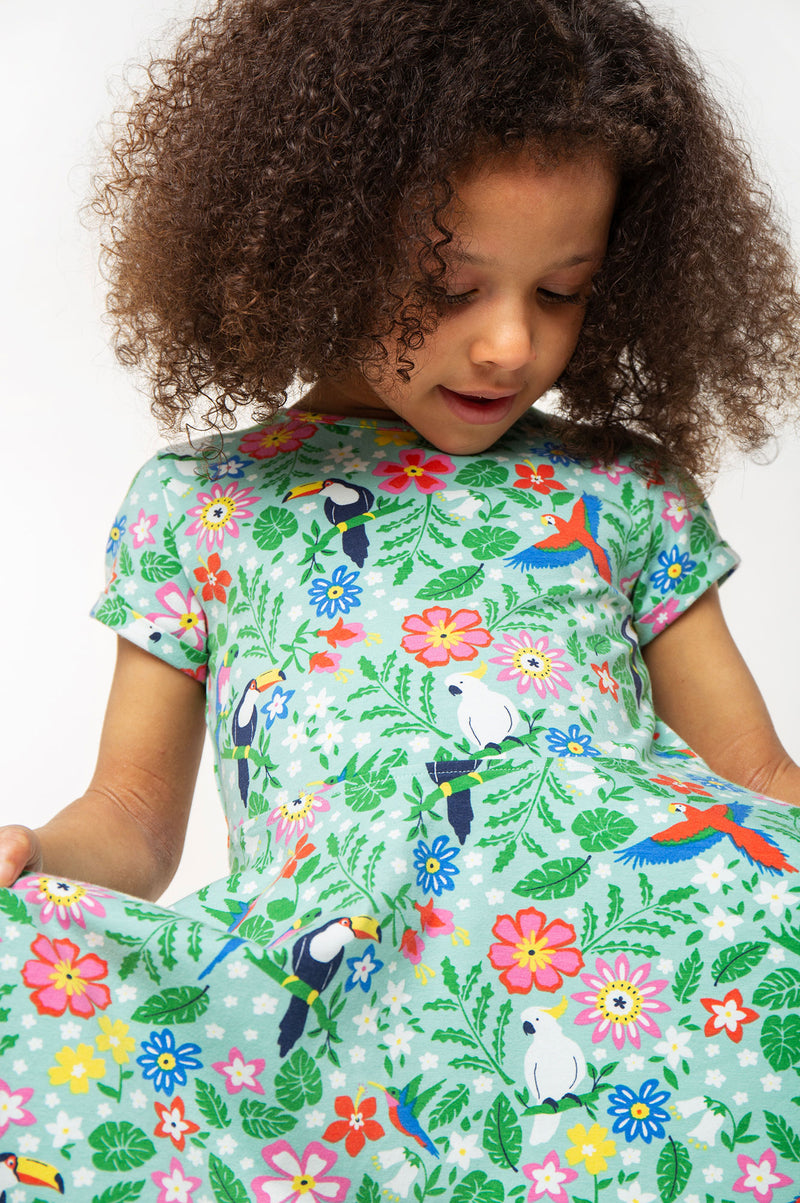 Children's Frugi Skater Dress: Tropical Parrots Organic Cotton Dress - Kid's Clothing