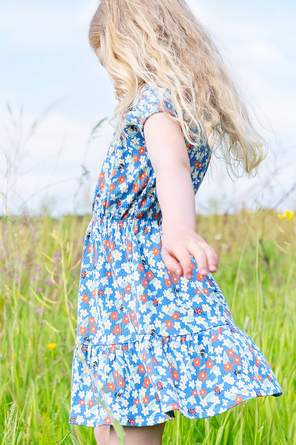 Vienna Tiered Blue Dress- Blue Bees and Flowers- Frugi Organic Clothing - Kid's Summer Clothing