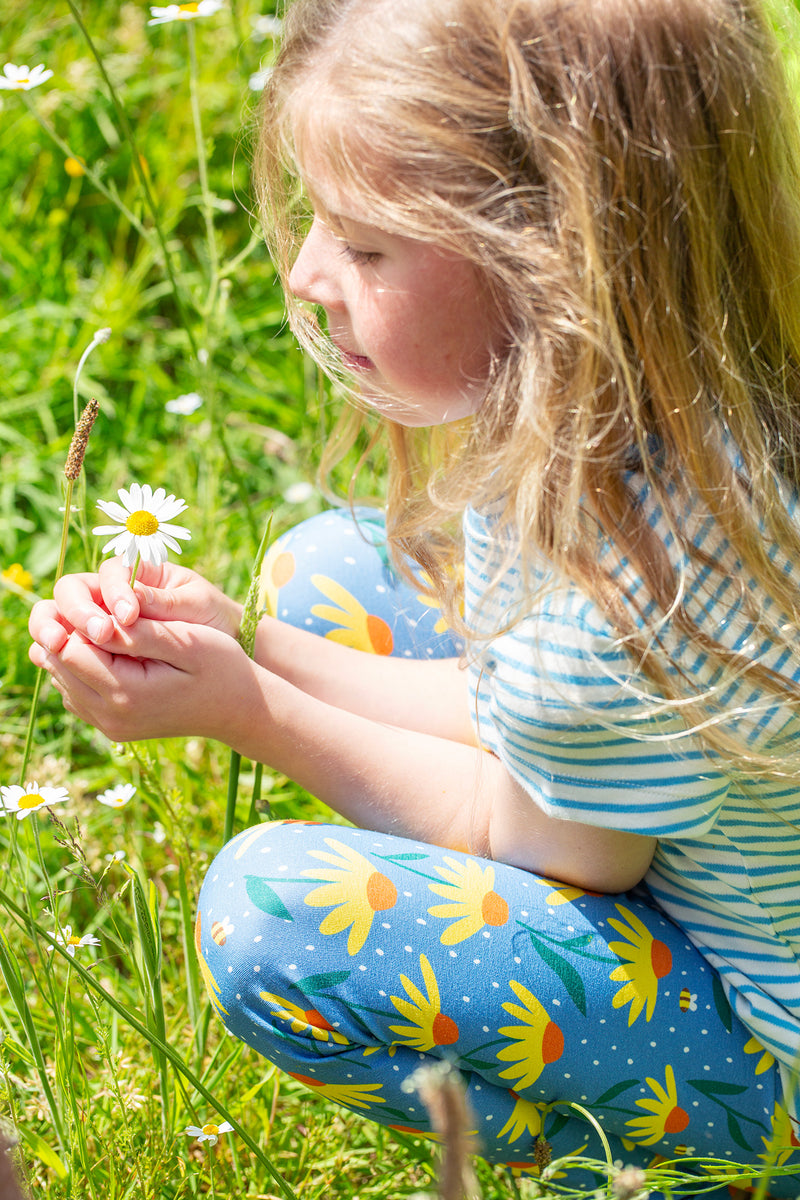 Children's Frugi Leggings: Echinacea, Blue with Flowers Organic Leggings - Kid's Clothing