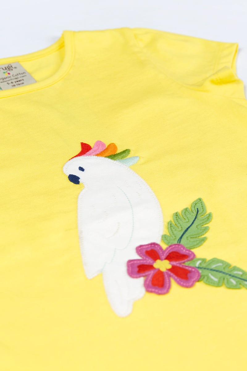 Children's Organic Frugi Top: Cassia Applique Yellow Cockatoo top - Kid's Clothing