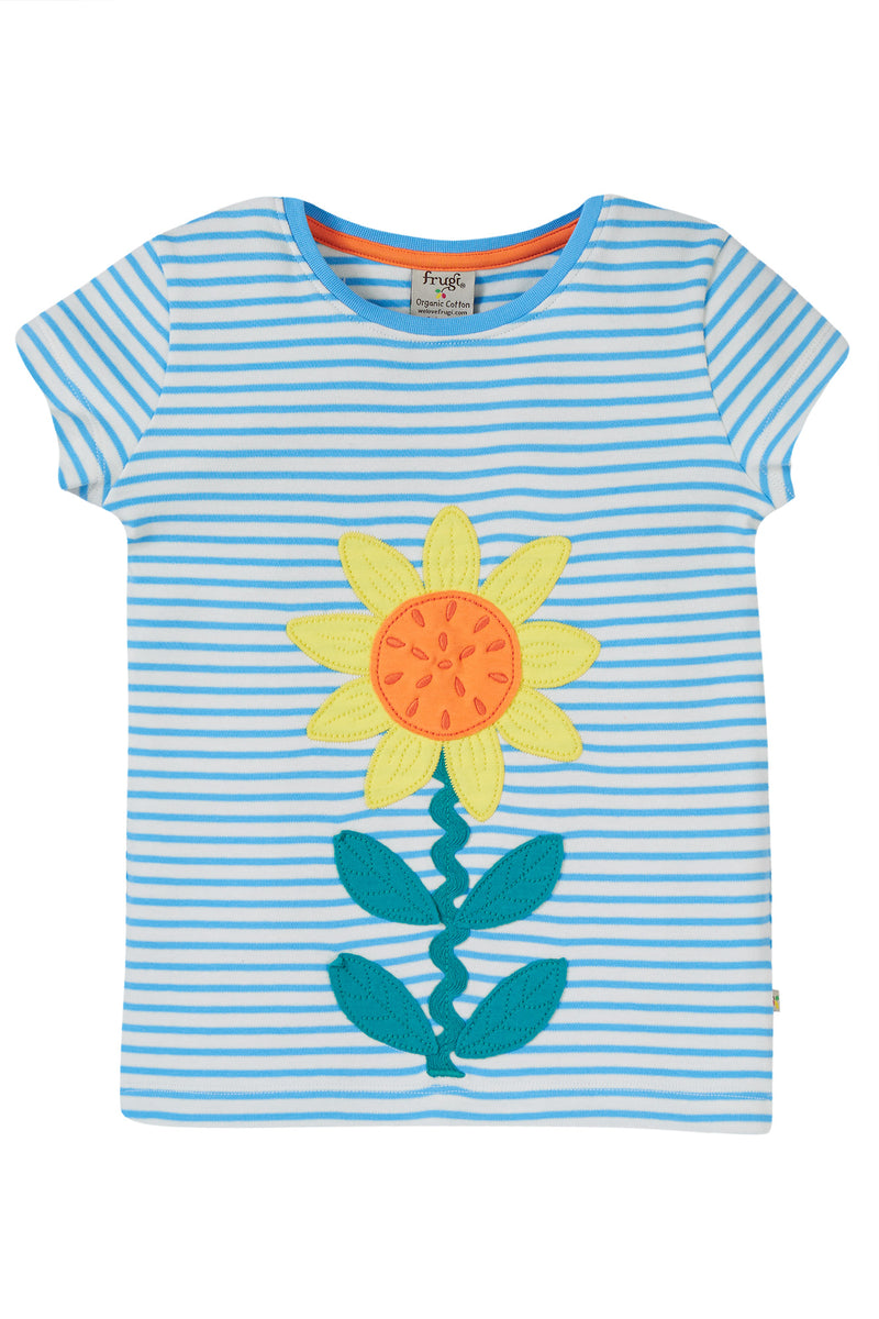 Children's Organic Frugi Top: Echinacea, Blue stripe Applique Flower Camille top - Kid's Clothing