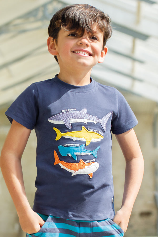 Children's Organic Frugi T-shirt: Avery Applique T-shirt Navy - Kid's Clothing