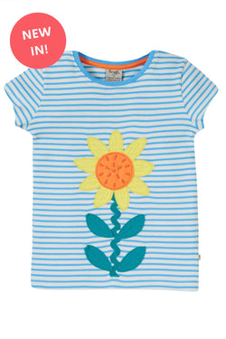Children's Organic Frugi Top: Echinacea, Blue stripe Applique Flower Camille top - Kid's Clothing