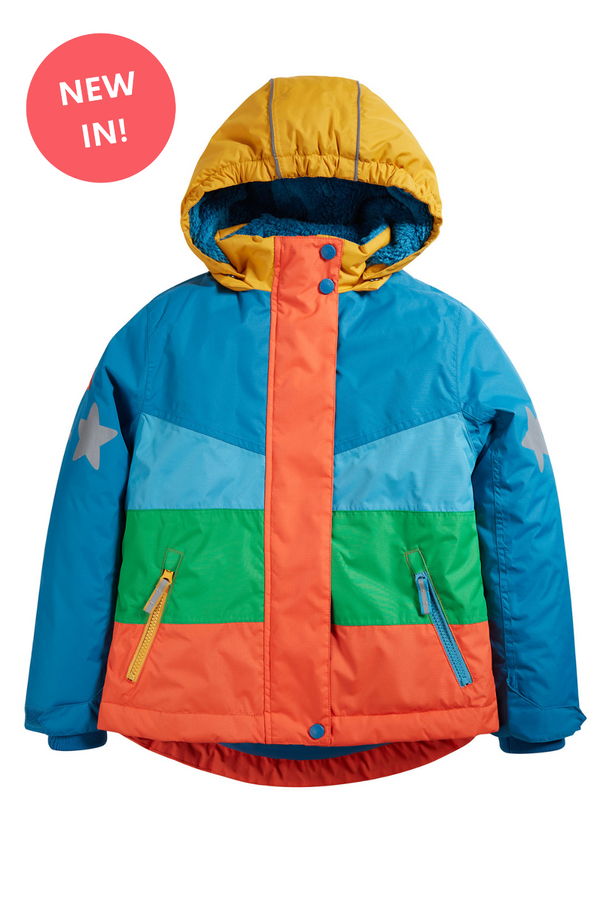 Frugi, Snow and Ski Coat, Chunky Rainbow Stripe Ski Coat