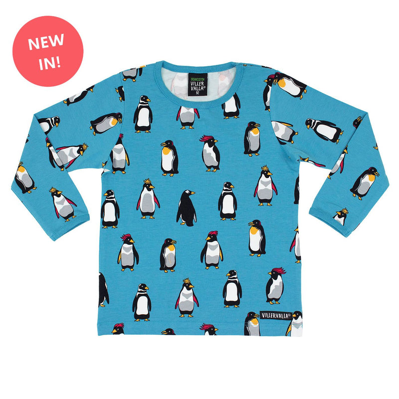 Villervalla Sky Blue Penguin Long Sleeved Top- Kids organic clothing top