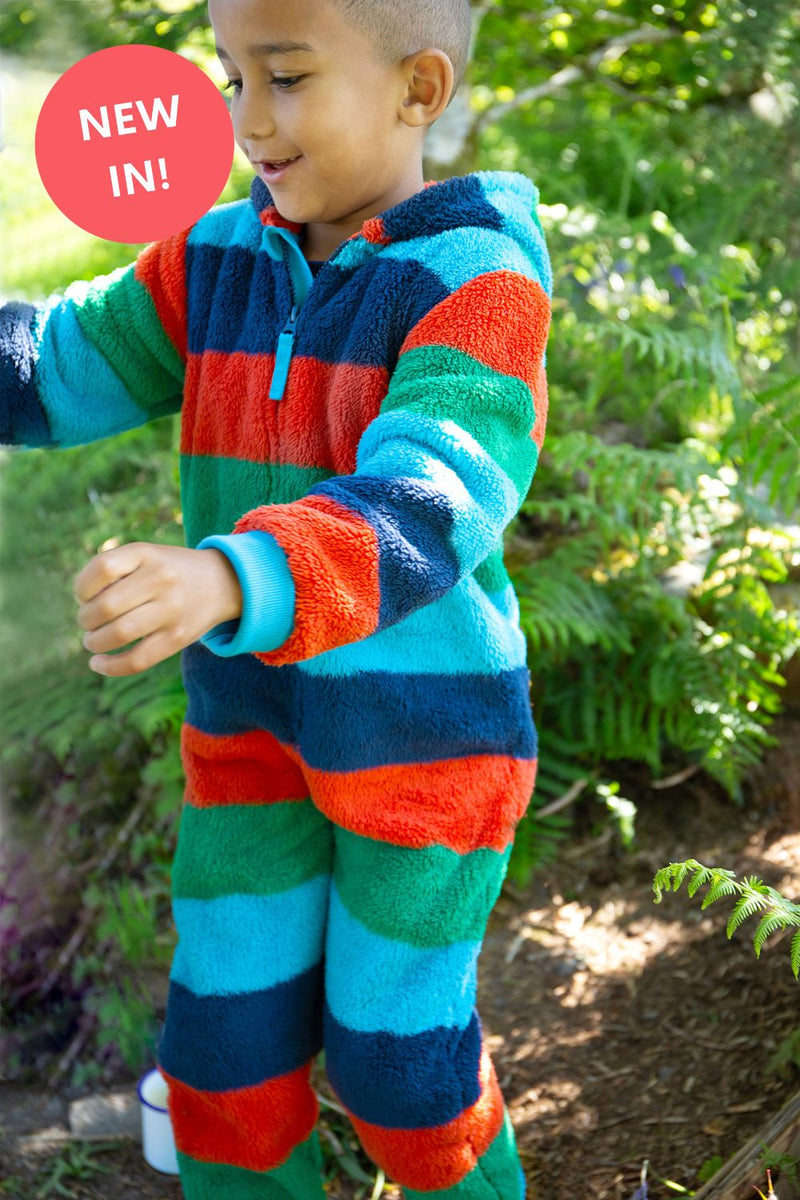 Frugi Big Ted Fleece Snuggle Suit Paprika Rainbow Stripe- Organic Cotton-Children's Clothing