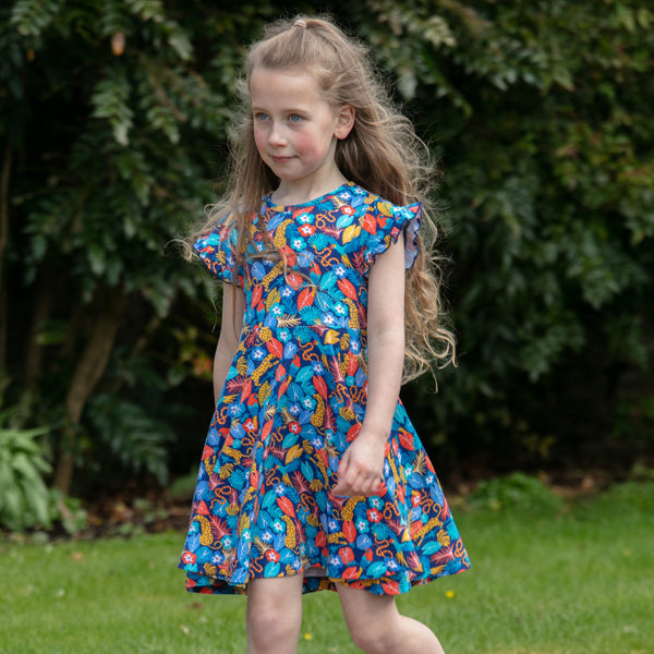 Piccalilly Tropic Skater Dress- Organic Dress- Parrot- Children's Clothing (5-6)