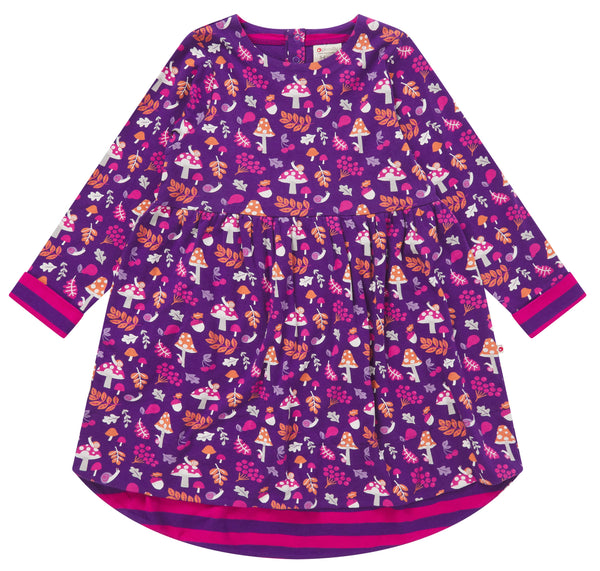 Dropped hem dress in a deep purple plum colour, with a print of autumnal orange leaves and pink toadstools, little snails and pink berries. 