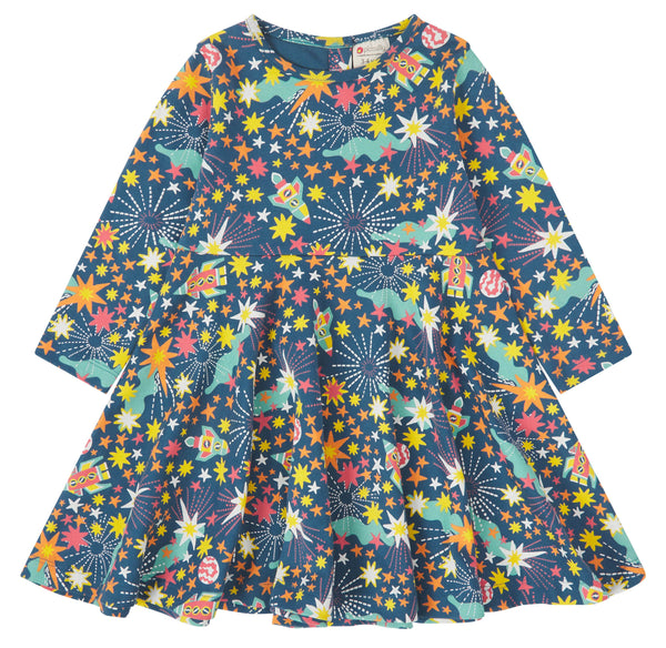 Cosmic Blue long sleeved skater dress with galaxy design in yellow, turquoise and orange
