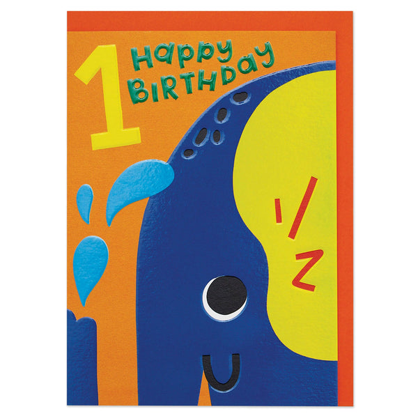 Happy, colourful elephant age one children's Birthday card