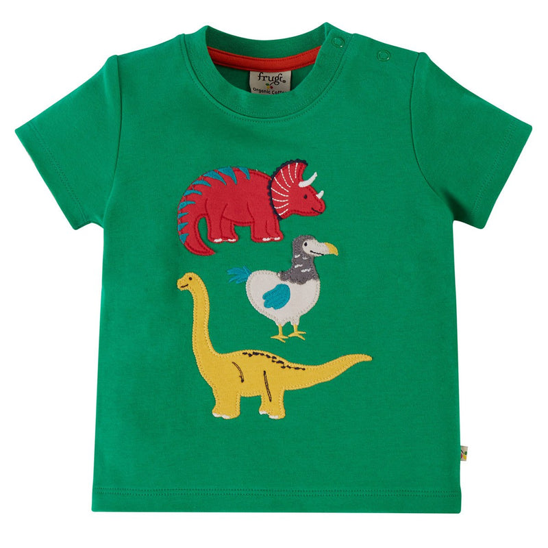 Frugi Switch Little Creature Applique Top, Green Dinosaurs Organic- Children's Clothing
