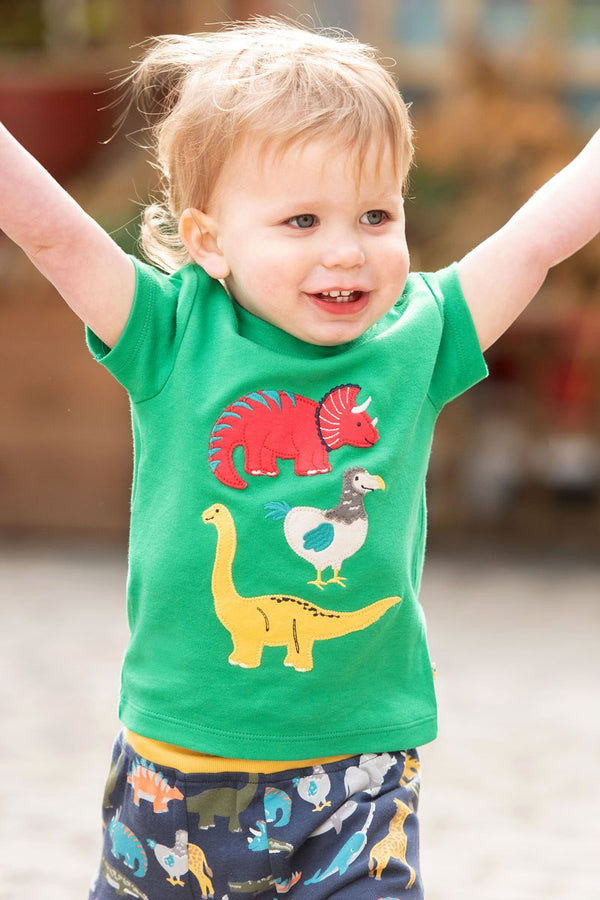 Frugi Switch Little Creature Applique Top, Green Dinosaurs Organic- Children's Clothing