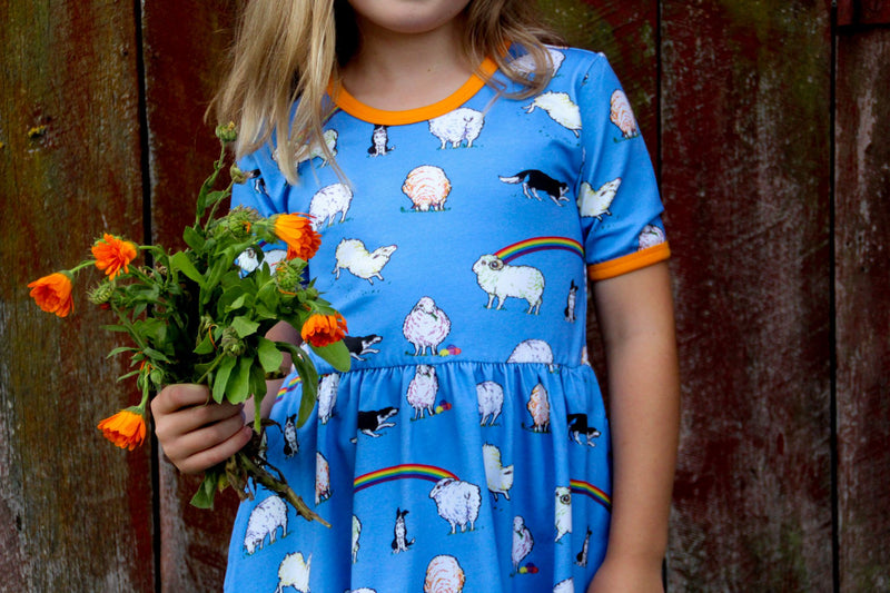 Sheep Blue - Short Sleeved Baby Doll Dress (ages 2-3/7-8/9-10)
